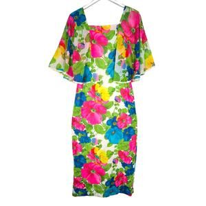 Vtg Noelani Casuals by Tsuru Sheath Dress S Flare Sleeves Floral Hawaiian